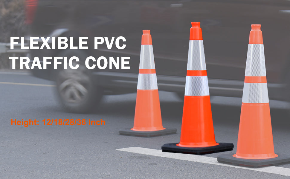 12-36Inch Black Base Traffic Cones with Reflective Stripe