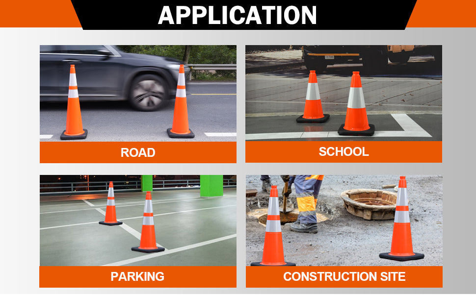12-36Inch Black Base Traffic Cones with Reflective Stripe
