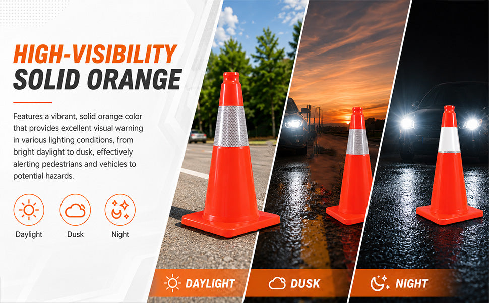 12-36Inch Solid Orange Traffic Cone with Reflective Stripe