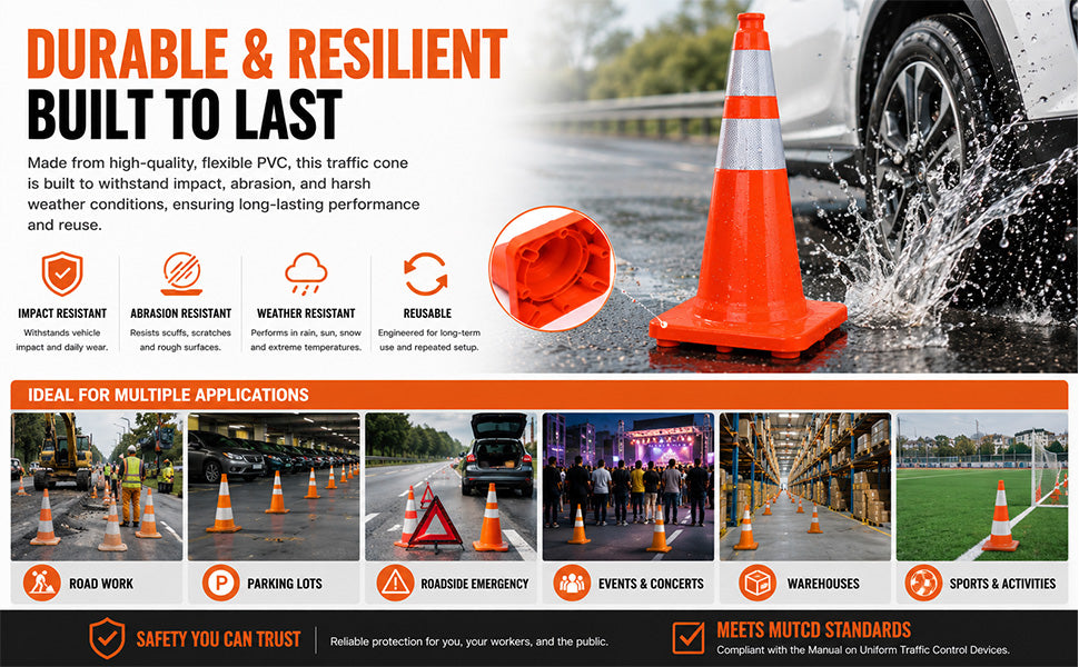12-36Inch Solid Orange Traffic Cone with Reflective Stripe