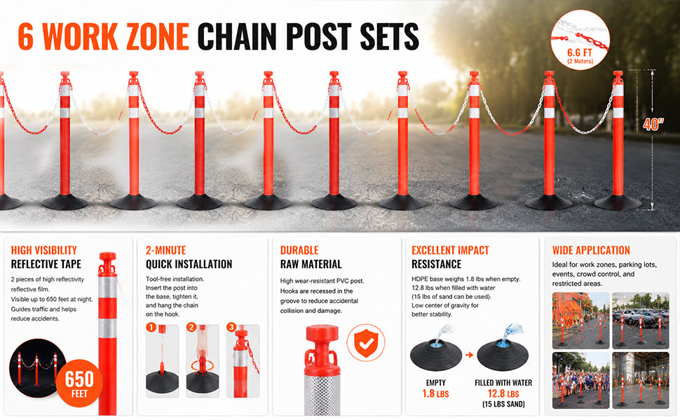 6-Pack Chain Stanchion Post with Heavy Rubber or Water Fillable Base