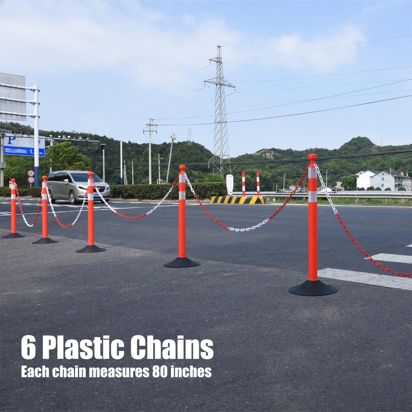 6-Pack Chain Stanchion Post with Heavy Rubber or Water Fillable Base