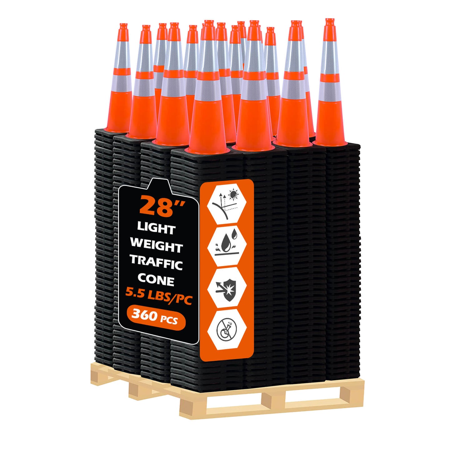 12-36Inch Black Base Traffic Cones with Reflective Stripe