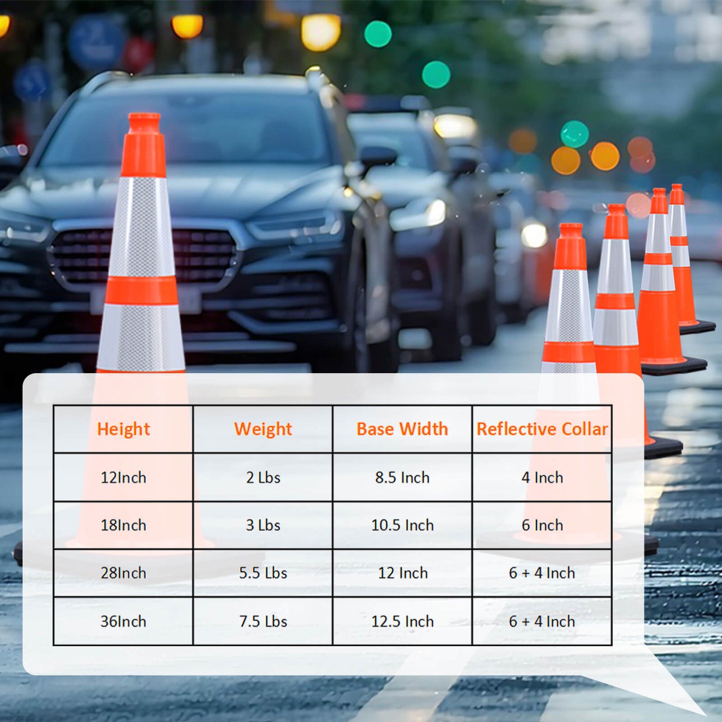 12-36Inch Black Base Traffic Cones with Reflective Stripe