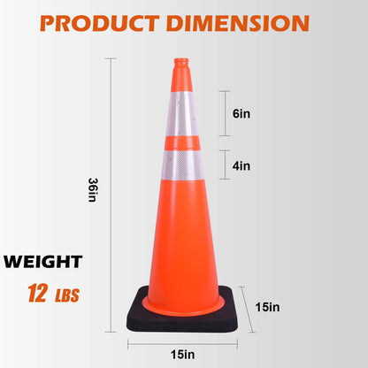 FL DOT 36" Orange Traffic Cone, 12 lb Black Base, w/6" & 4" 3M Reflective Collars